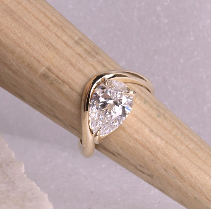 Pear Cut Lab Diamond Curved Solitaire Ring