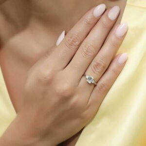 8x6mm Emerald Cut Engagement Ring 14K Gold Plated 3 Stone Ring