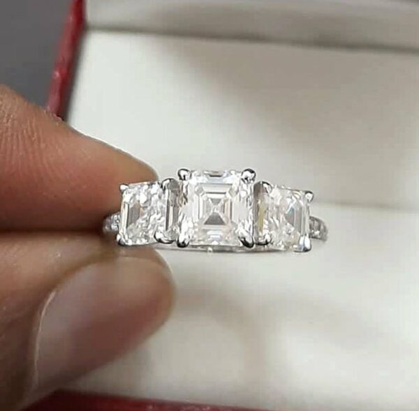 3 Stone 2.48ctw Asscher Cut Diamond With Accents Engagement Ring 925 Sterling Silver