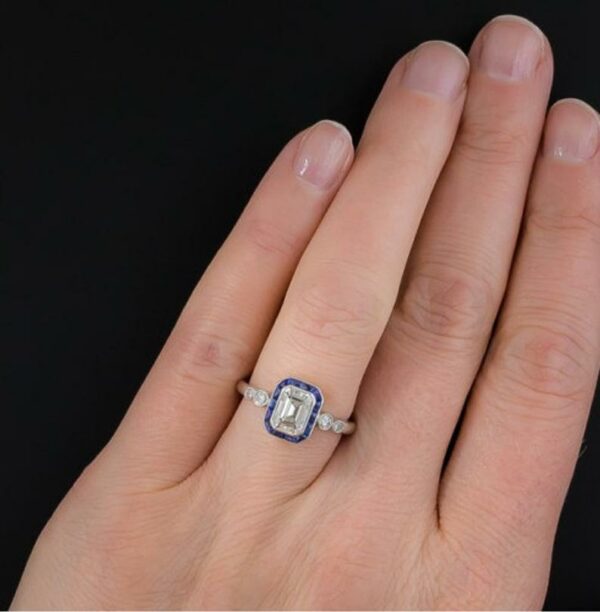 Art Deco 2.45 ctw Emerald Diamond Sapphire Halo Engagement Ring 925 Sterling Silver