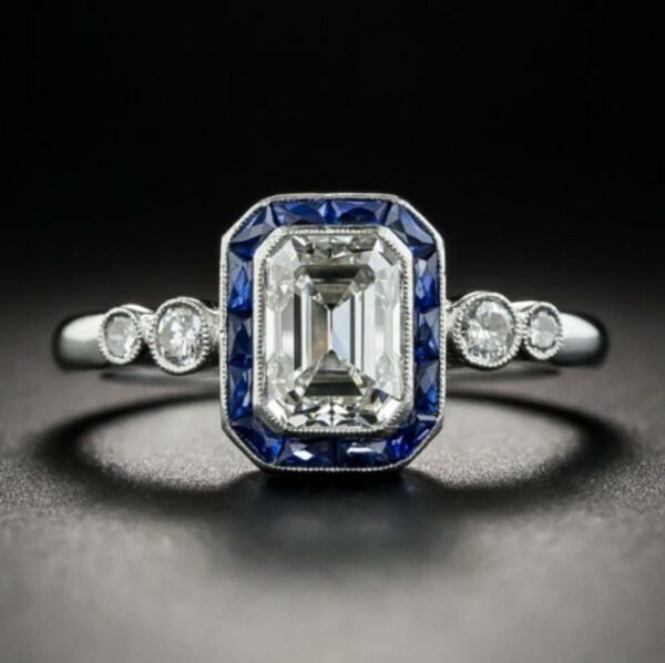 Art Deco 2.45 ctw Emerald Diamond Sapphire Halo Engagement Ring 925 Sterling Silver