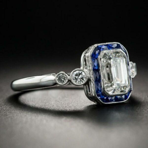 Art Deco 2.45 ctw Emerald Diamond Sapphire Halo Engagement Ring 925 Sterling Silver