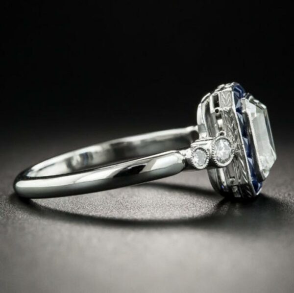 Art Deco 2.45 ctw Emerald Diamond Sapphire Halo Engagement Ring 925 Sterling Silver