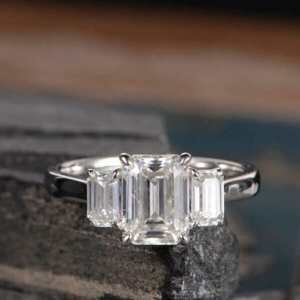 2.70 Ctw Solitaire 3 Stone Emerald Diamond Engagement Ring 925 Sterling Silver
