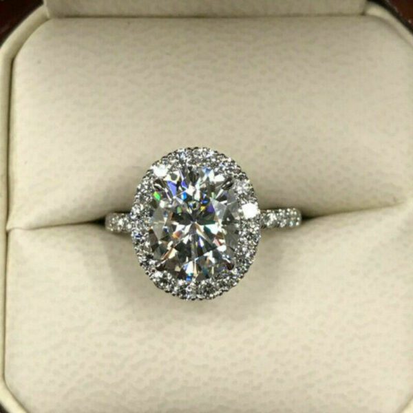 3.00 Ctw White Oval Cut Diamond Halo With Accent Wedding Engagement Ring 925 Sterling Silver