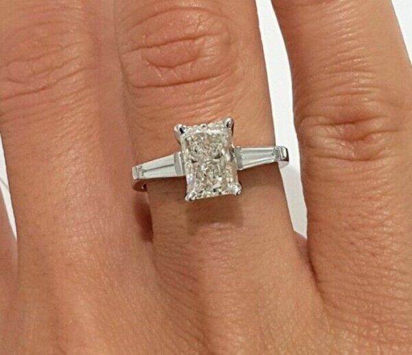 3 Stone 2.54 Ct Radiant Cut Diamond Side Baguette Engagement Ring 14k White Gold