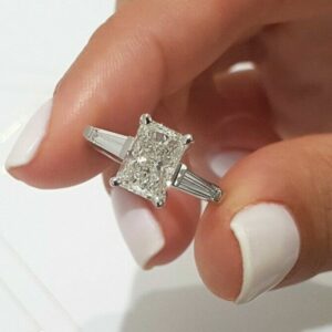 3 Stone 2.54 Ct Radiant Cut Diamond Side Baguette Engagement Ring 14k White Gold