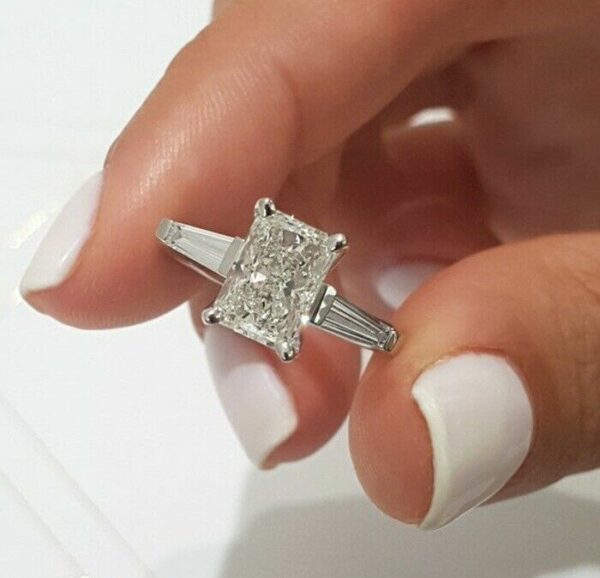 3 Stone 2.54 Ct Radiant Cut Diamond Side Baguette Engagement Ring 14k White Gold