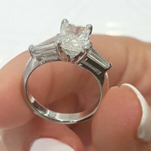 3 Stone 2.54 Ct Radiant Cut Diamond Side Baguette Engagement Ring 14k White Gold