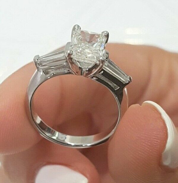 3 Stone 2.54 Ct Radiant Cut Diamond Side Baguette Engagement Ring 14k White Gold