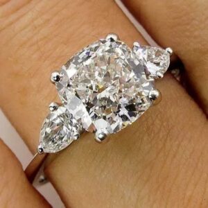 3.28 Ctw Cushion & Pear Cut Diamond Engagement Ring 14K White Gold