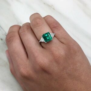 3.20Ct Emerald & Trillion Cut Diamond Engagement Ring 10K White Gold