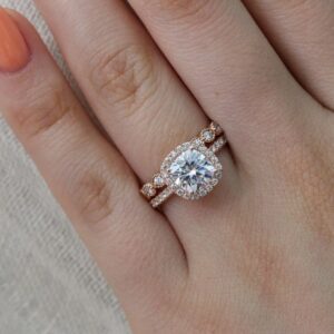 2.60Ctw Round Cut Diamond Halo Engagement Ring Set 14K Rose Gold Plated