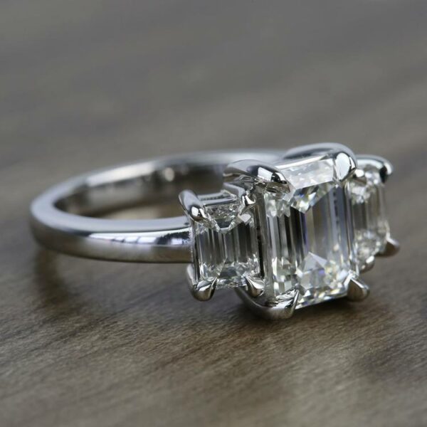2.76 Carat Emerald Cut Solitaire 3 Stone Diamond Engagement Ring 14k White Gold