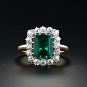 1.83Ct Green Emerald Cut  Engagement Ring Art Deco Ring Solid Two Tone 14k Gold