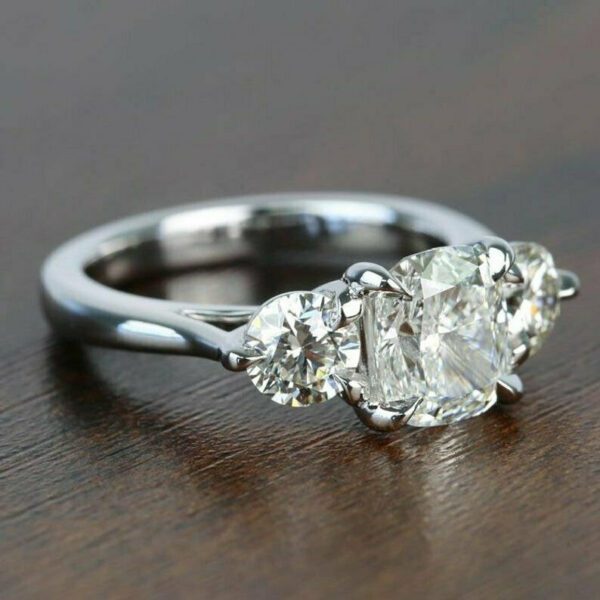 2.80 Ctw Cushion & Round Cut Diamond Engagement Ring 14K White Gold Plated