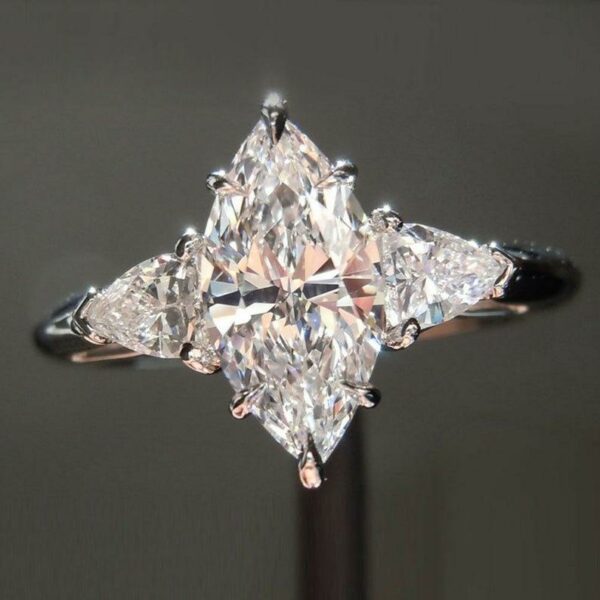 3.Ct Solitaire Marquise Cut & Trillion Diamond 3 Stone Engagement Ring 10K White Gold