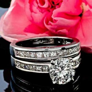 2.50CT Solitaire Round Diamond Princess Channel Set Engagement Ring Set 14k Gold Plated