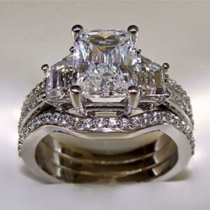 3.75 Ctw Radiant Cut 3 Stone Diamond Wedding Ring Sets Solid 14k White Gold