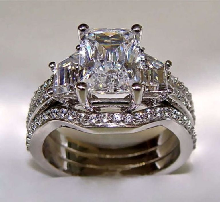 3.75 Ctw Radiant Cut 3 Stone Diamond Wedding Ring Sets Solid 14k White ...