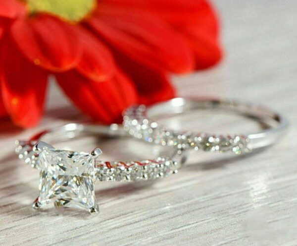 2.60 Ctw Forever Princess Cut Diamond Engagement Ring Set 925 Sterling Silver