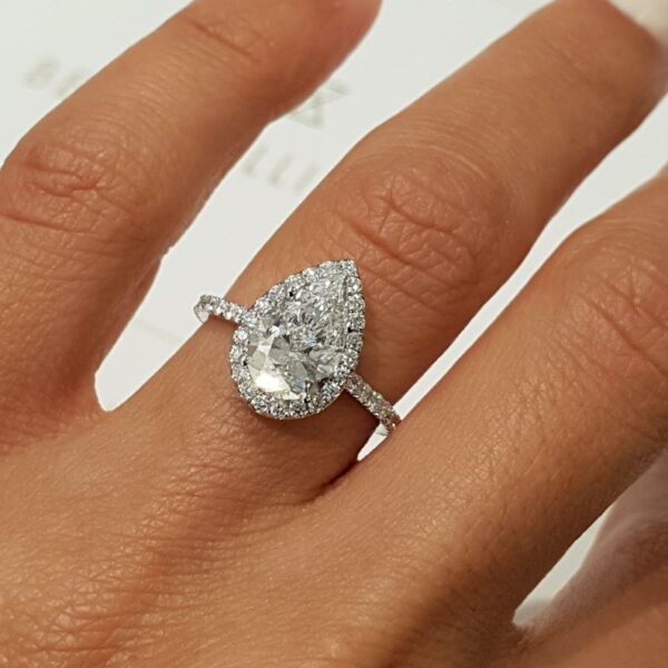 2.63 Carat Pear Shape Diamond Halo Engagement Ring Solid 14k White Gold