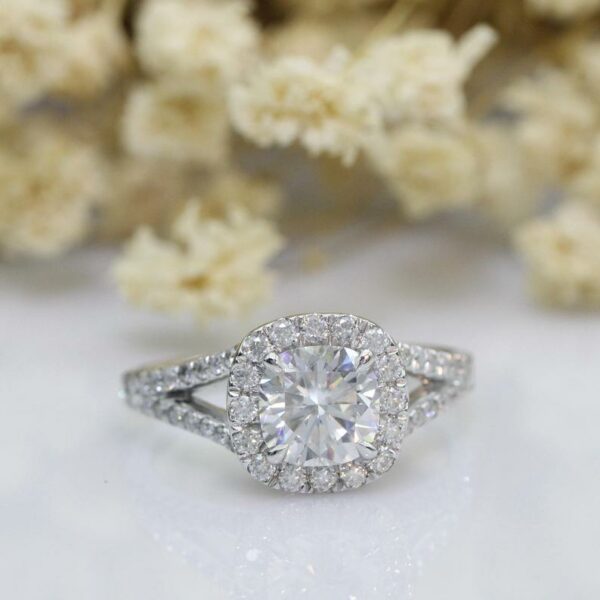 2.48 Ctw White Cushion Diamond Halo 2 Shank Engagement Ring 14k Gold Plated