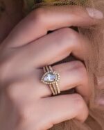 2.65 ctw White Pear Shape Diamond Halo 2 Shank Engagement Ring Set 10k White Gold