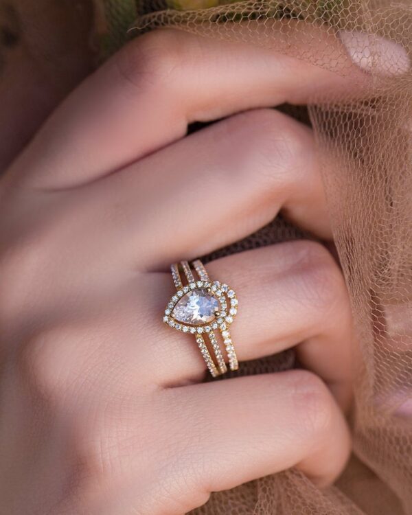 2.65 ctw White Pear Shape Diamond Halo 2 Shank Engagement Ring Set 10k White Gold