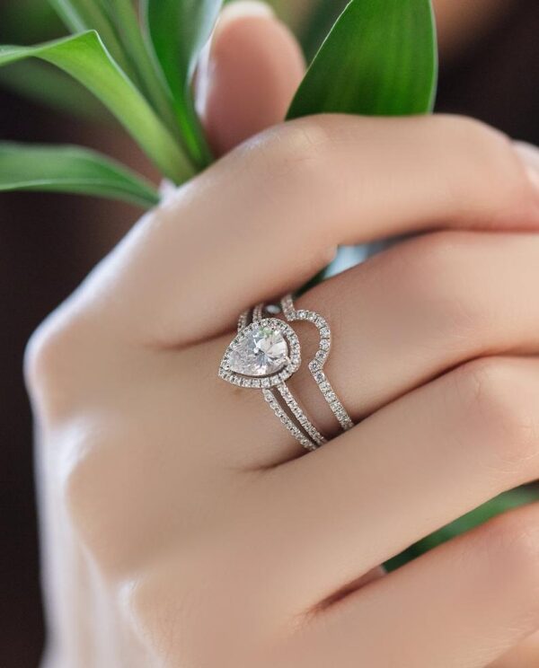2.65 ctw White Pear Shape Diamond Halo 2 Shank Engagement Ring Set 10k White Gold