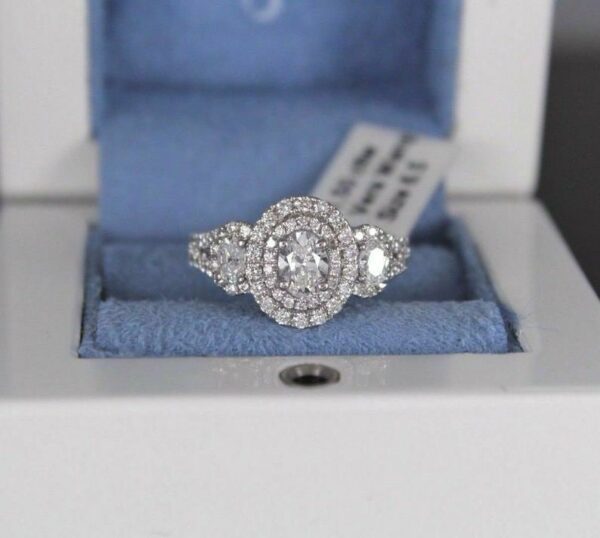 3.10 Ctw Three Stone Oval White Diamond Halo Engagement Ring 14k White Gold Plated