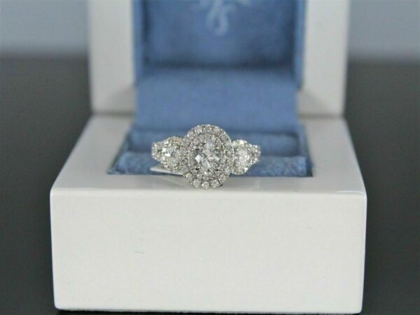 3.10 Ctw Three Stone Oval White Diamond Halo Engagement Ring 14k White Gold Plated