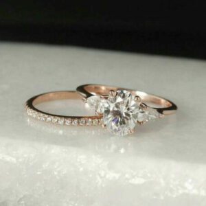 3 Stone 2.92 Ctw Oval & Pear Cut Diamond Engagement Ring Set 14k Rose Gold