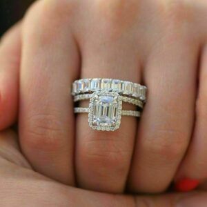 3.75 Ctw Emerald Diamond Halo Luxury Engagement 3 Pec Ring Set 10k White Gold