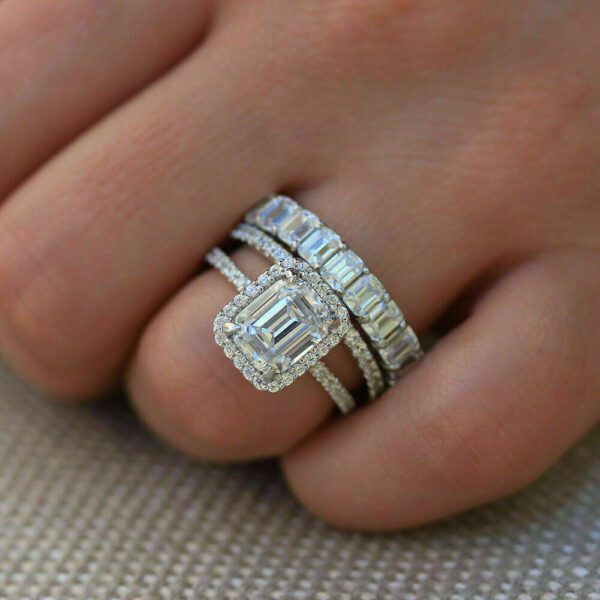 3.75 Ctw Emerald Diamond Halo Luxury Engagement 3 Pec Ring Set 10k White Gold