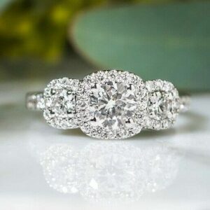 3 Stone Halo Engagement Ring 2.85 Ctw Round Diamond With 14k Gold Over