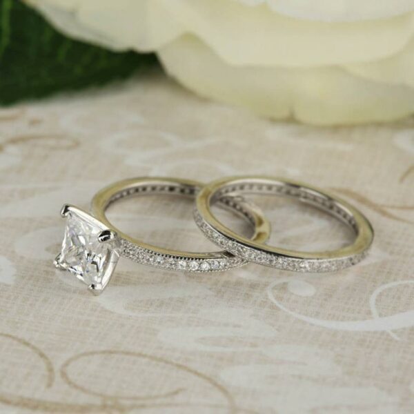 2.65Ctw Princess Eternity Diamond Engagement Ring Channel Set 925 Sterling Silver Bridal Set