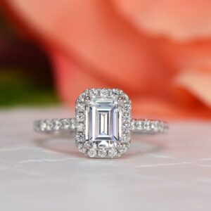 2.00 Carat Emerald White Diamond Halo Engagement Ring 14k Gold Plated