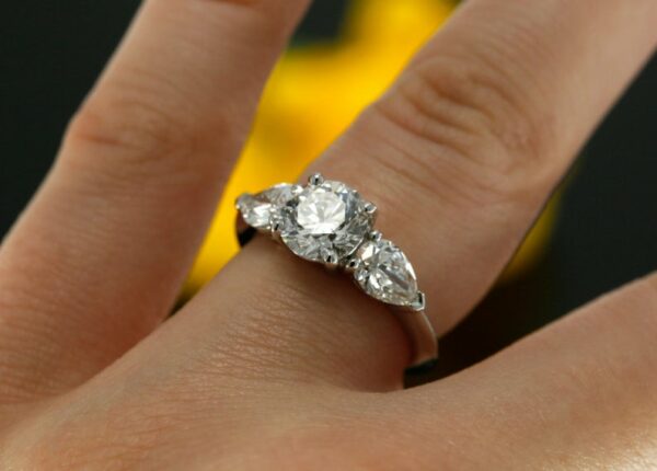 2.63Ctw Center Round Cut & Side Pear Diamond Engagement Ring 925 Sterling Silver