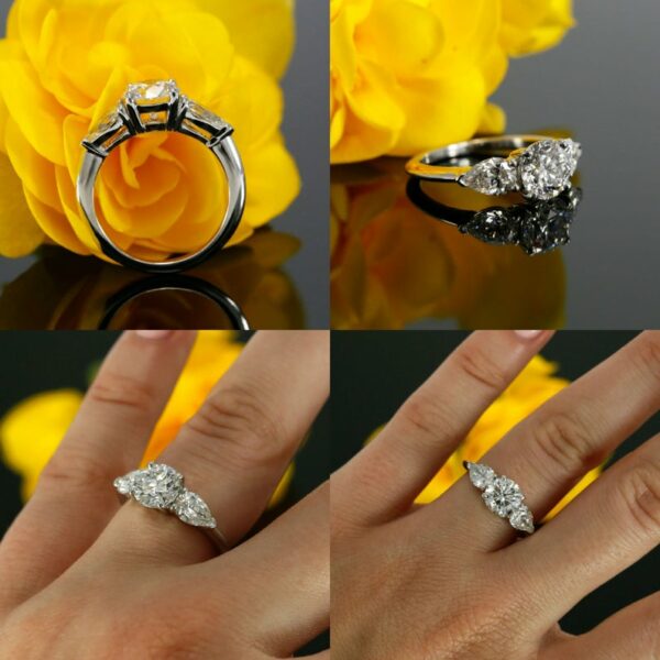 2.63Ctw Center Round Cut & Side Pear Diamond Engagement Ring 925 Sterling Silver