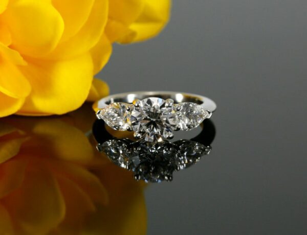 2.63Ctw Center Round Cut & Side Pear Diamond Engagement Ring 925 Sterling Silver