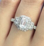 2.68 Ctw Emerald Diamond 3 Stone Halo Wedding Engagement Ring 10k White Gold
