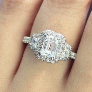 2.68 Ctw Emerald Diamond 3 Stone Halo Wedding Engagement Ring 10k White Gold