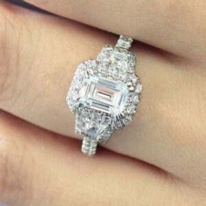 2.68 Ctw Emerald Diamond 3 Stone Halo Wedding Engagement Ring 10k White Gold