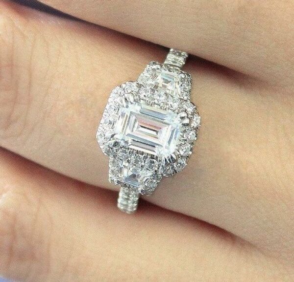 2.68 Ctw Emerald Diamond 3 Stone Halo Wedding Engagement Ring 10k White Gold