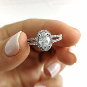 3.00 Ctw White Oval Cut Diamond Halo 2 Shank Engagement Ring 10k White Gold