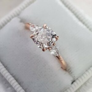 3 Stone 2.50Ctw Cushion & Pear Cut Diamond Engagement Ring 14k Rose Gold Over