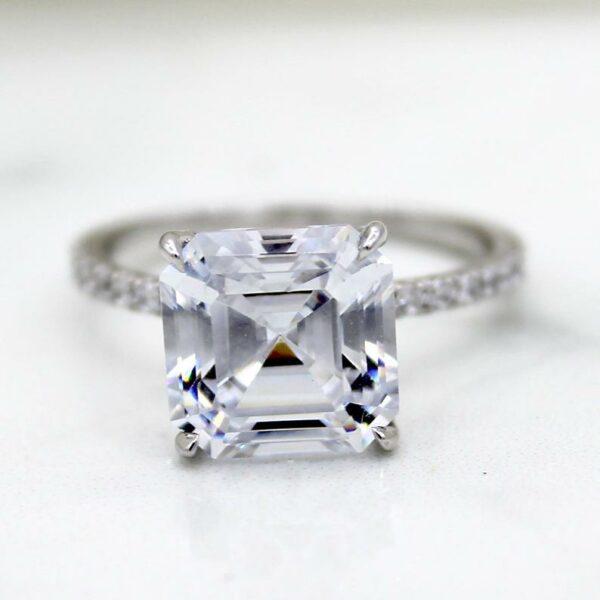 3.43 CT Asscher Cut White Diamond Hidden Halo Solitaire Engagement Ring 14k White Gold