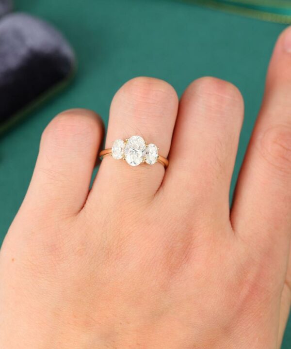 3 Stone 2.50Ctw Oval Cut White Diamond Wedding Engagement Ring Real 14k Yellow Gold