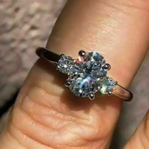 3.00Ct Three Stone Oval Cut & Round Cut White Diamond Engagement Ring 14k White Gold